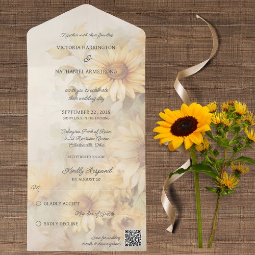 Rustic Soft Golden Sunflowers QR Code All In One Invitation