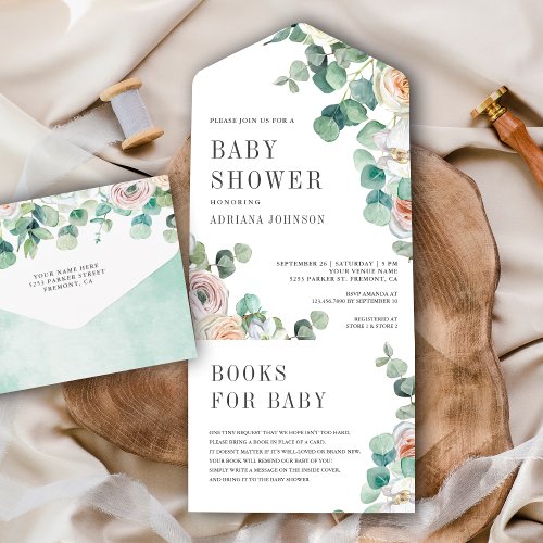 Rustic Soft Roses Eucalyptus Baby Shower All In One Invitation