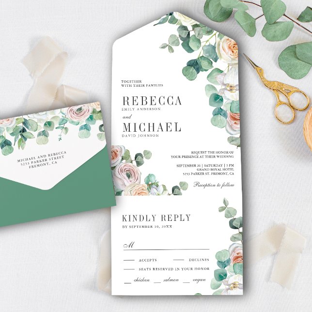 Rustic Soft Roses Eucalyptus Foliage Wedding All In One Invitation (Creator Uploaded)