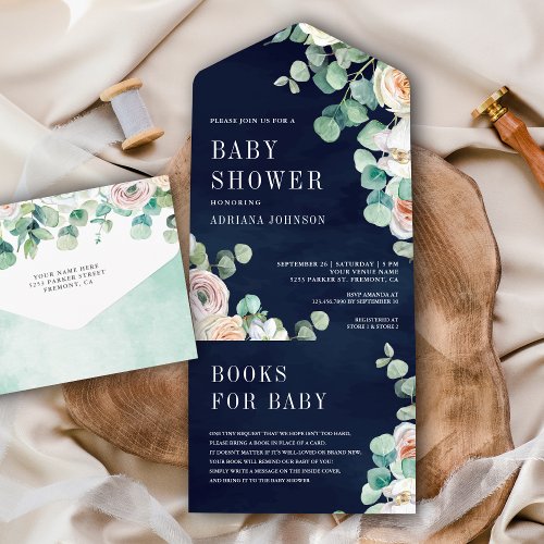 Rustic Soft Roses Eucalyptus Navy Blue Baby Shower All In One Invitation