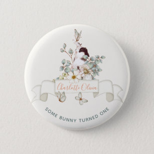 Rustic Some Bunny is One Floral Girl Cottagecore Button