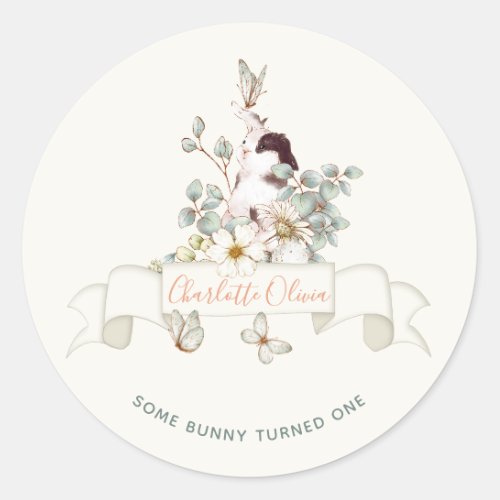 Rustic Some Bunny is One Floral Girl Cottagecore Classic Round Sticker