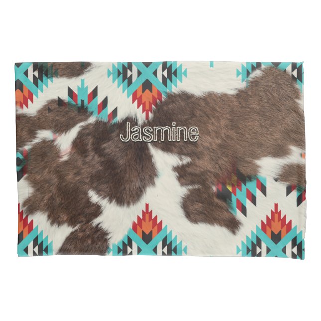 Rustic South Western Cowhide Turquoise Pillow Case (Front)