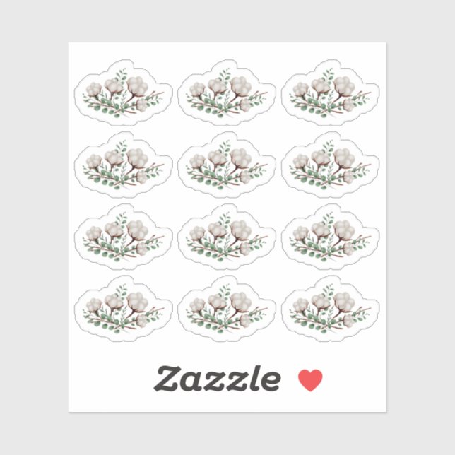 Rustic Southern Cotton Boll Flowers Green Foliage Sticker (Sheet)