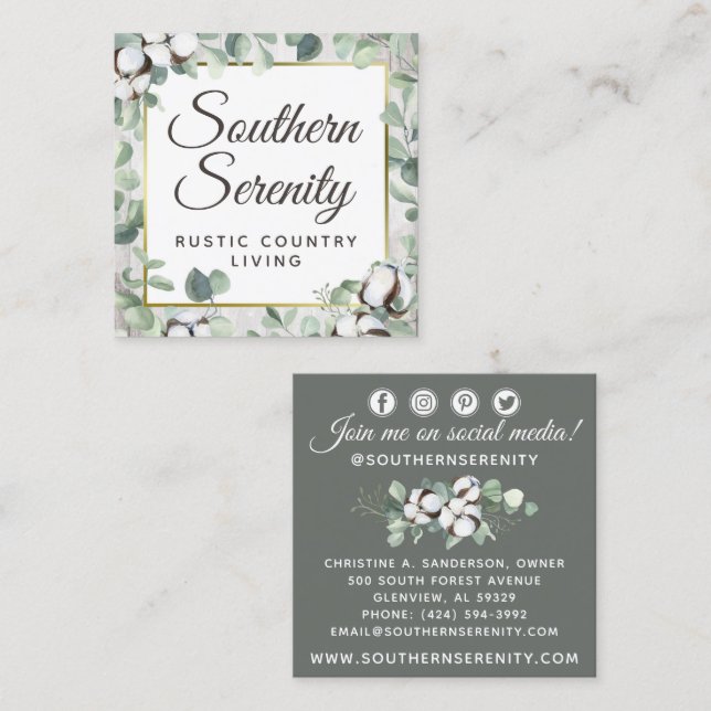 Rustic Southern Cotton & Botanical Social Media Square Business Card (Front/Back)
