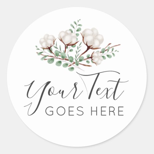 Rustic Southern Cotton Flowers Green Foliage Logo Classic Round Sticker