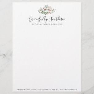 Rustic Southern Cotton Flowers Green Foliage Logo Letterhead