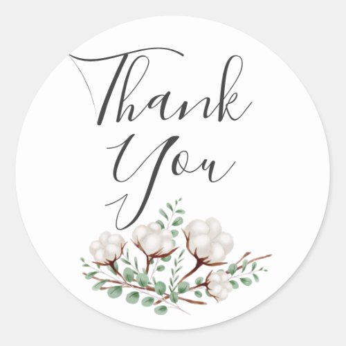 Rustic Southern Cotton Flowers Green Thank You Classic Round Sticker