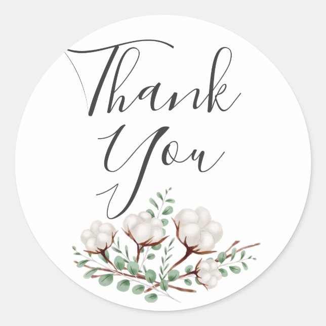 Rustic Southern Cotton Flowers Green Thank You Classic Round Sticker (Front)