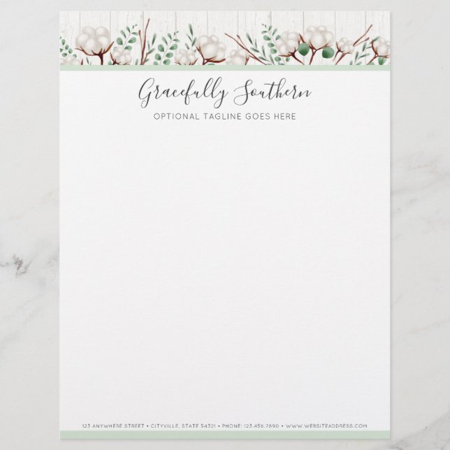 Rustic Southern Cotton Flowers on White Barn Wood Letterhead (Front)