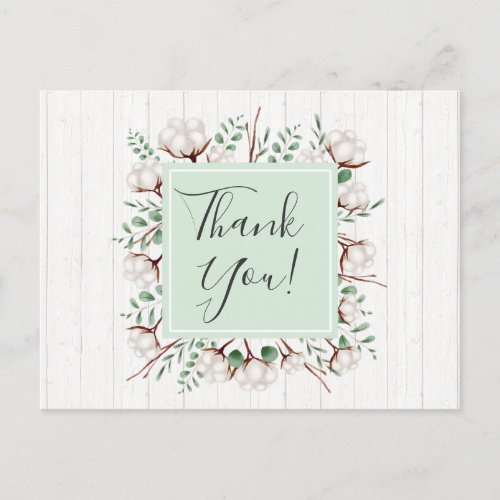 Rustic Southern Cotton Flowers on Wood Thank You Postcard