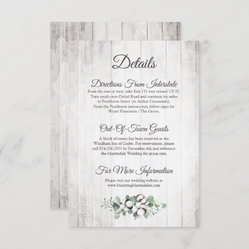 Rustic Southern Cotton Wedding Detail  Directions Enclosure Card