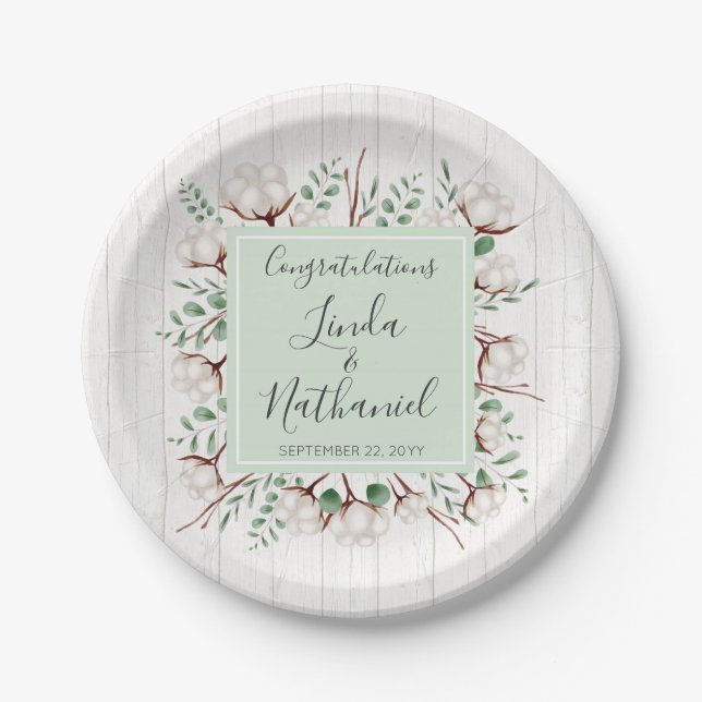Rustic Southern Cotton & Wood Country Farm Wedding Paper Plates (Front)