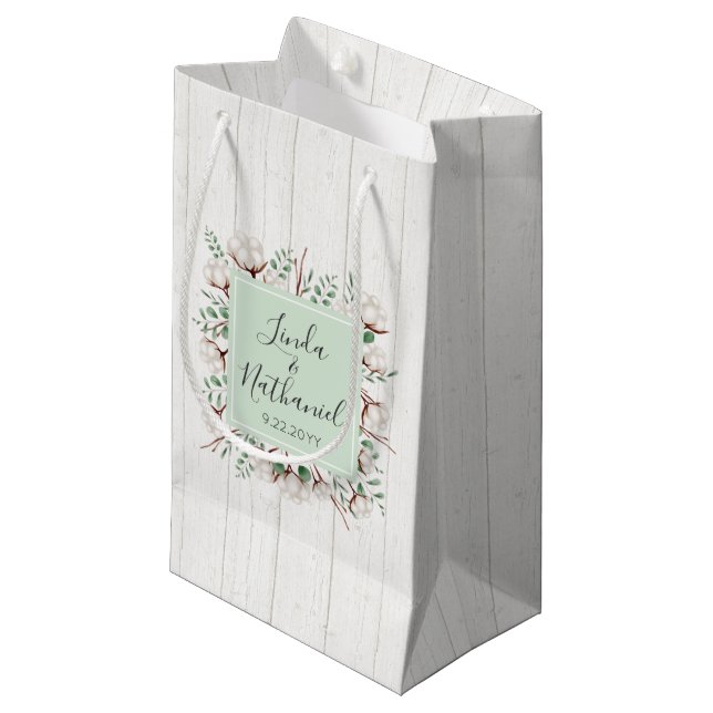 Rustic Southern Cotton & Wood Farm Wedding Favor Small Gift Bag (Front Angled)