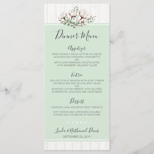 Rustic Southern Cotton  Wood Wedding Dinner Menu