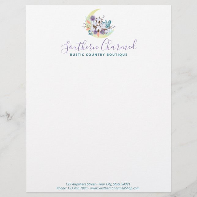 Rustic Southern Country Cotton Floral Moon Logo Letterhead (Front)