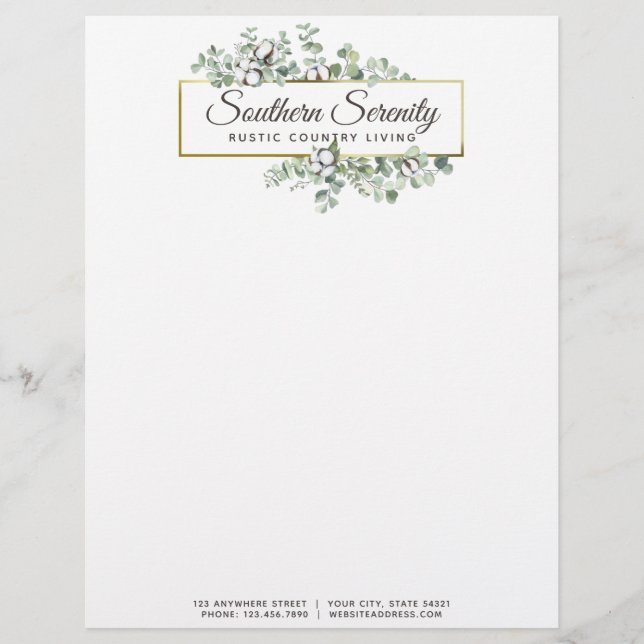 Rustic Southern Watercolor Cotton & Botanical Letterhead (Front)
