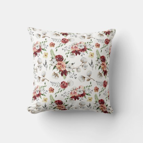 Rustic Southern Watercolor Floral  Cotton Pattern Throw Pillow