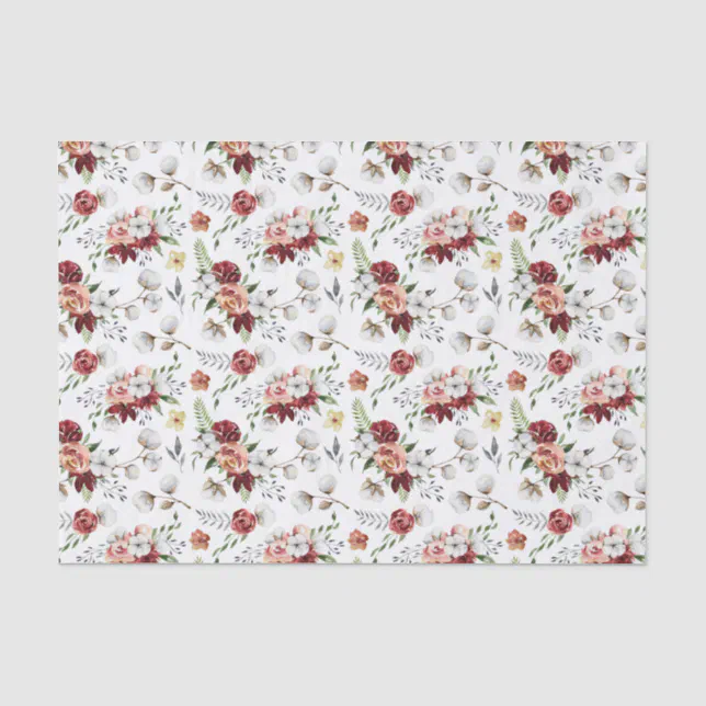 Rustic Southern Watercolor Floral & Cotton Pattern Tissue Paper | Zazzle
