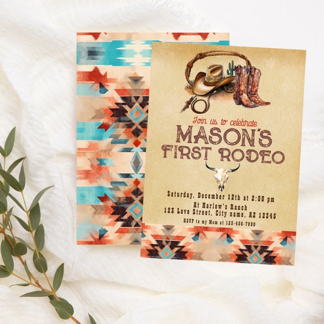 Rustic Southwestern Cowboy My First Rodeo Birthday Invitation (Creator Uploaded)