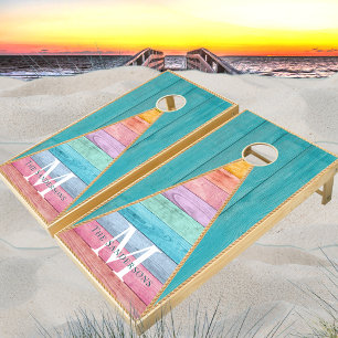 Rustic Southwestern Stripe Teal Blue Wood Cornhole Set