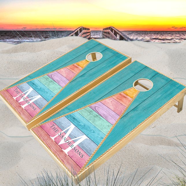 Rustic Southwestern Stripe Teal Blue Wood Cornhole Set (Creator Uploaded)