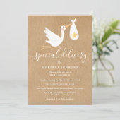 Rustic Special Delivery Stork Baby Shower Sprinkle Invitation (Standing Front)