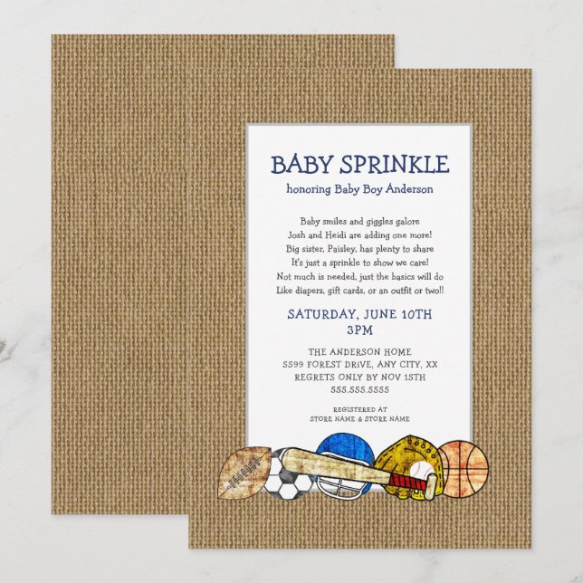 Rustic Sports BOY baby sprinkle with cute poem Invitation (Front/Back)