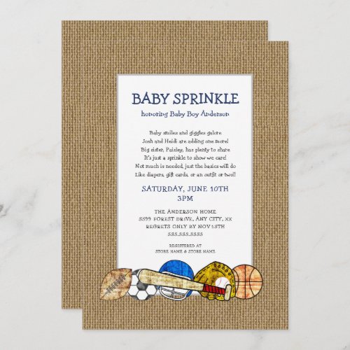 Rustic Sports BOY baby sprinkle with cute poem Invitation