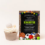 Rustic Sports Themed Kids Birthday Party Invitation<br><div class="desc">These birthday invites are a game changer! Fun colorful sports themed birthday party invitations, featuring a rustic wooden and black chalkboard background, decorated with tiny white stars, a rainbow banner, green grass and array of sports equiptment (football, volleyball, basketball, hockey puck, rugby ball, tennis ball, snooker ball, golf ball, and...</div>