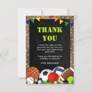 Rustic Sports Themed Kids Birthday Thank You Card