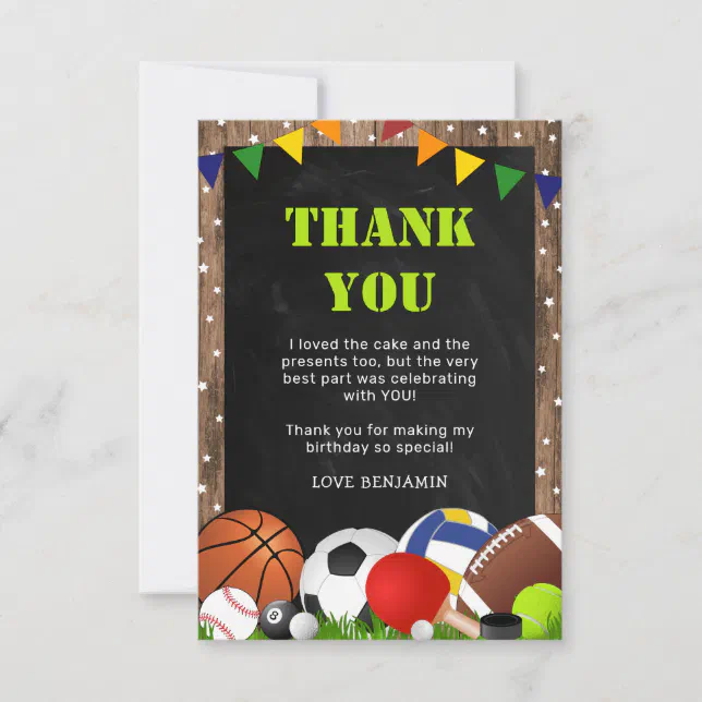 Rustic Sports Themed Kids Birthday Thank You Card | Zazzle