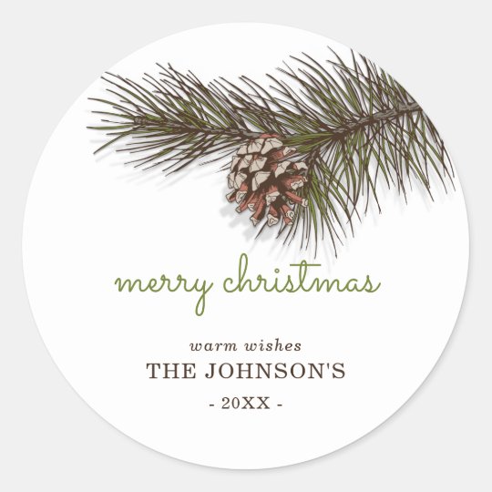 Rustic Sprig Pine Merry Christmas Classic Round Sticker 4747