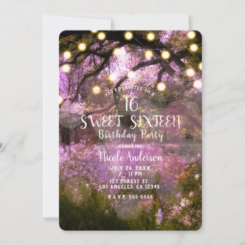 Rustic Spring Enchanted Forest Lights Sweet 16 Invitation