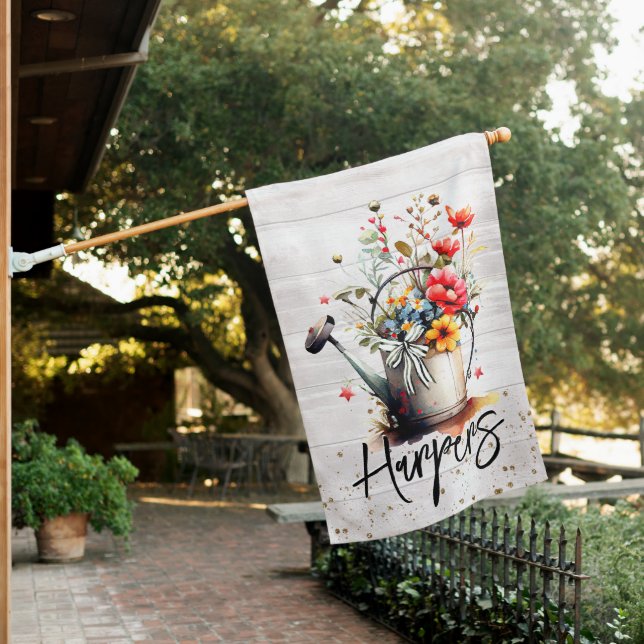 Rustic Spring Floral Family Name House Flag (In SItu)