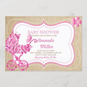 Rustic Spring Floral Pram Baby Shower Invitations by ThreeFoursDesign at Zazzle