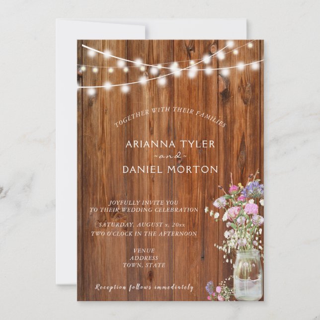 Rustic Spring Flowers Mason Jar String Lights Invitation (Front)