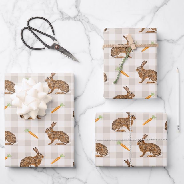 Rustic Spring Hares And Carrots Beige Pattern Wrapping Paper Sheets (Front)