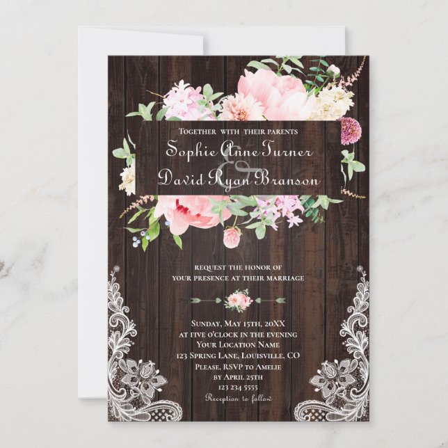 Rustic Spring Pink Flowers Wood Lace Wedding Invitation (Front)