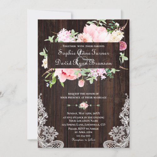 Rustic Spring Pink Flowers Wood Lace Wedding Invitation