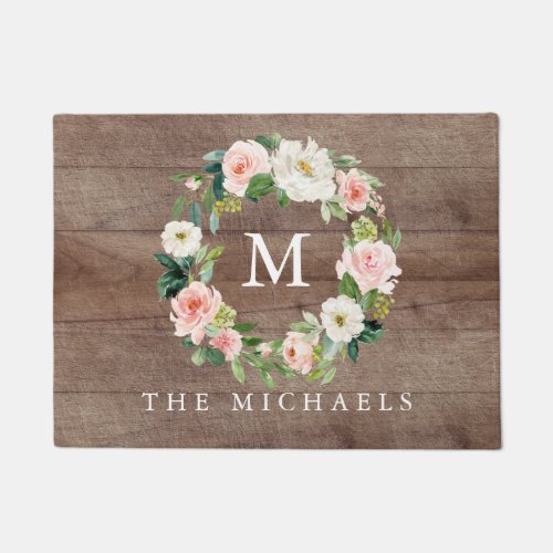 Rustic Spring Pink Peony Floral Wreath Doormat