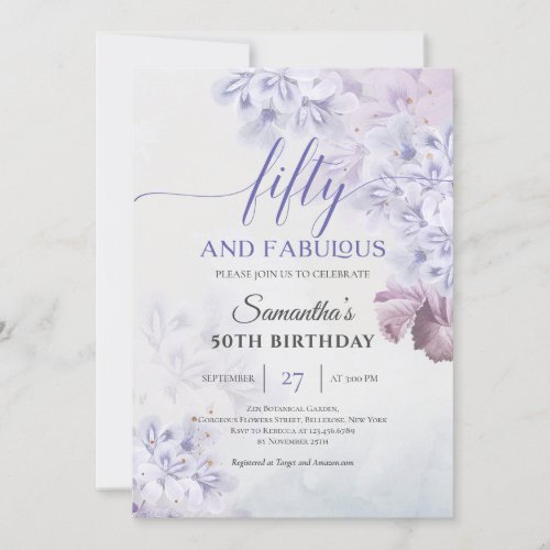Rustic spring purple flowers fifty and fabulous invitation