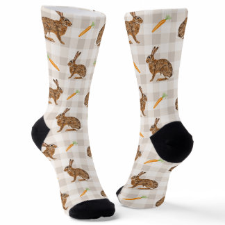 Rustic Spring Rabbits And Carrots Beige Gingham Socks