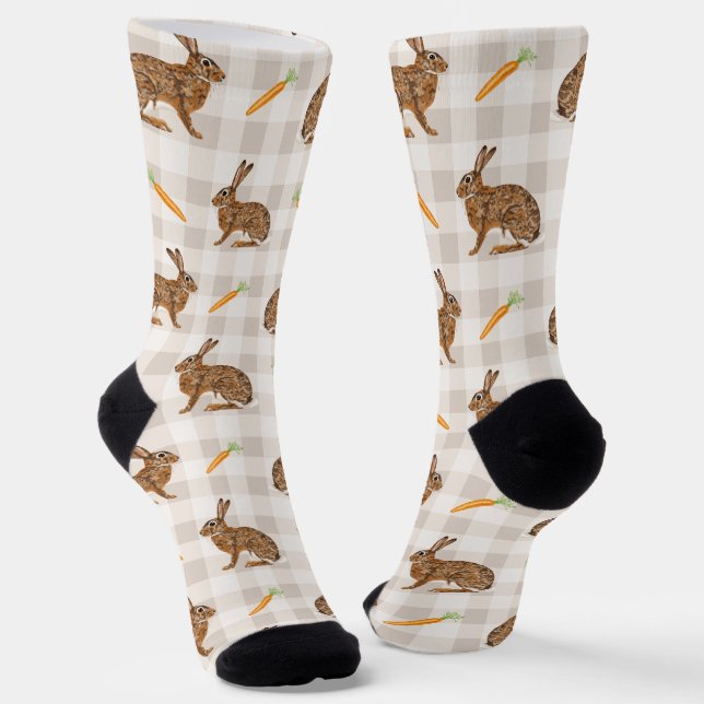 Rustic Spring Rabbits And Carrots Beige Gingham Socks (Angled)