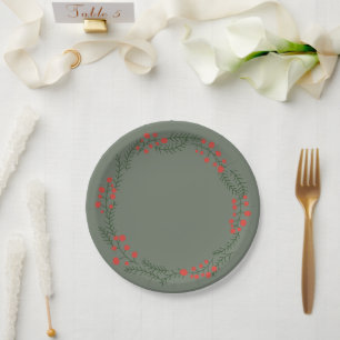Rustic spruce green berries wreath border holiday paper plates