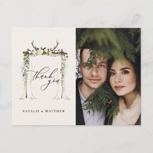 Rustic stag and watercolor floral canopy wedding postcard