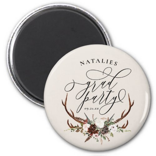 Rustic stag antlers and floral graduation party  magnet