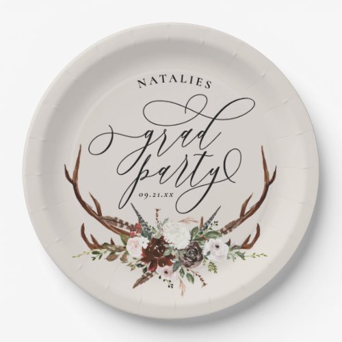 Rustic stag antlers and floral graduation party paper plates