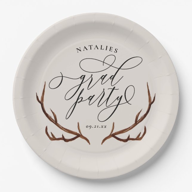 Rustic stag antlers graduation party paper plates (Front)