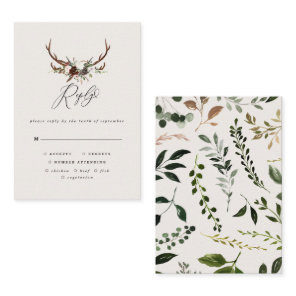 Rustic stag floral burgundy woodland RSVP wedding Note Card